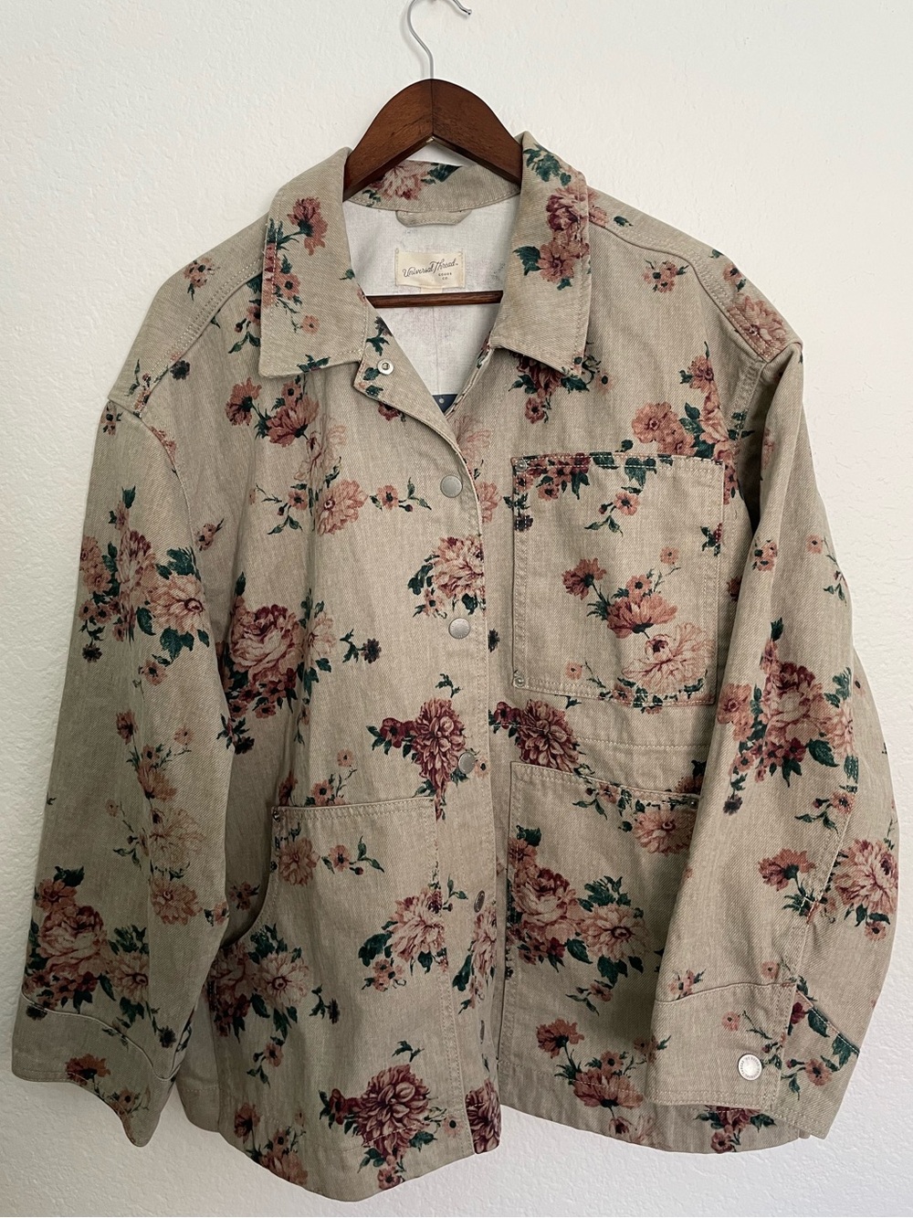 Floral Denim Chore Coat XL Cotton Barn Jacket Utility Shacket Cottagecore $55